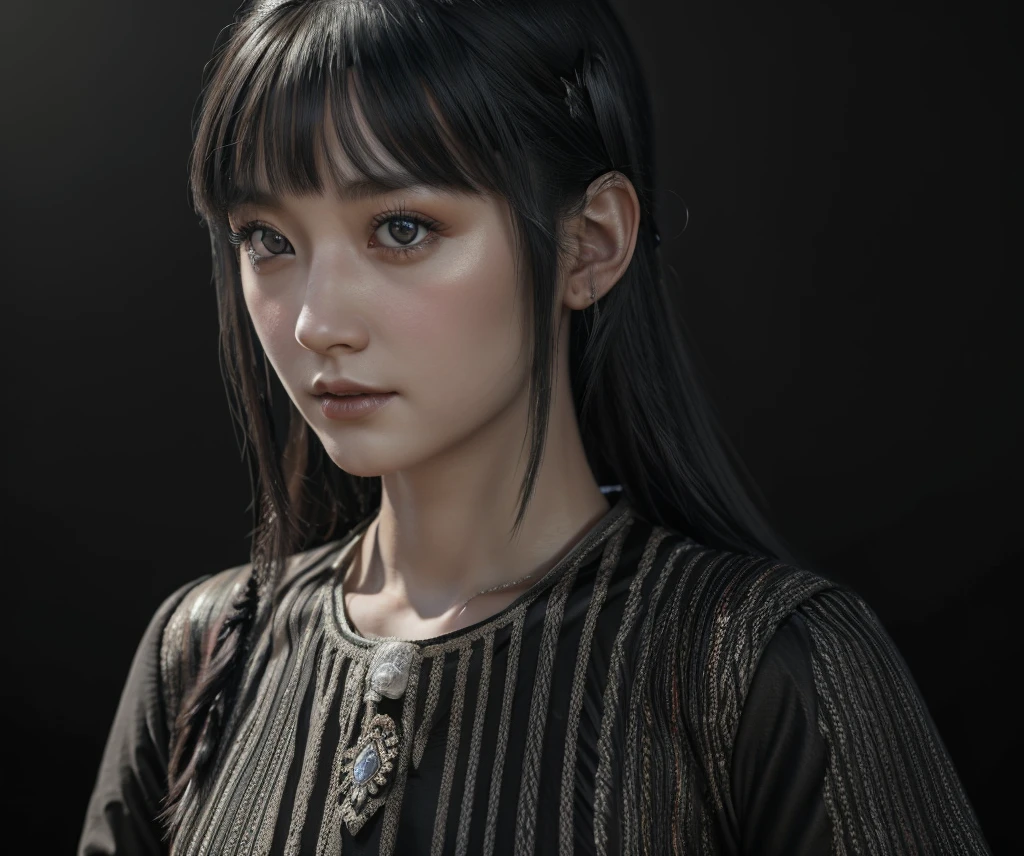 a mongolian princess girl,bangs black hair,standing,looking at to viewer,(Very Detailed: 1.3),ultra realistic,HDR,(High Dynamic Range),ray tracing,nvidia RTX,super resolution,unreal 5,subsurface scattering,PBR texture,post-processing,anisotropic filtering,depth of field,maximum sharpness and sharpness,multi-layer texture,specular and albedo mapping,surface shading,perfect proportions,extremely detailed background,octane rendering,duotone lighting,low ISO,white balance,8K RAW,high efficiency subpixels,subpixel convolution,Tyndall effect,(((1GIRL))),(((wearing black dress))),sad face,perfect face,(((gray background))),masterpiece,best quality