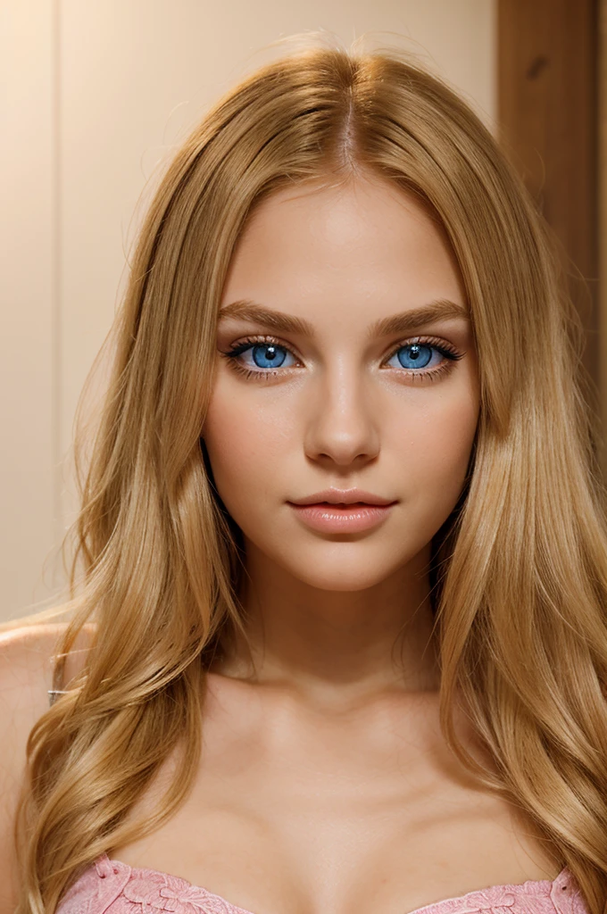 a beautiful young woman with long, straight golden blonde hair, fair skin with a warm undertone, pink lips, and bright blue eyes with long, thick lashes