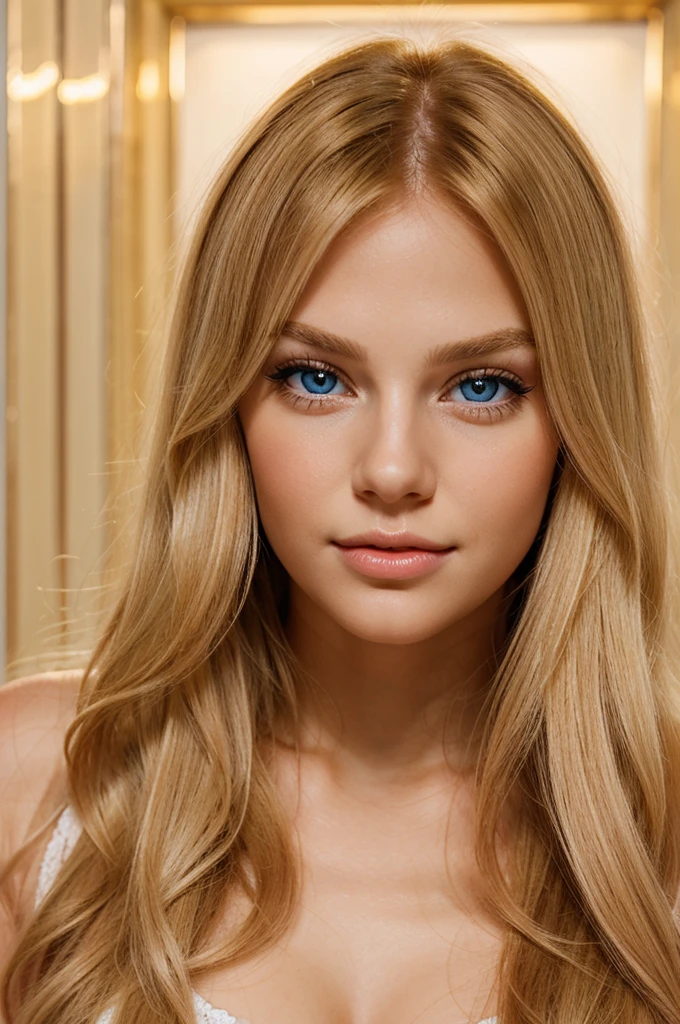a beautiful young woman with long, straight golden blonde hair, fair skin with a warm undertone, pink lips, and bright blue eyes with long, thick lashes