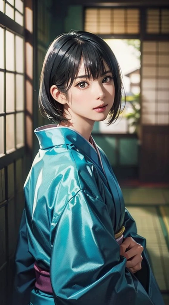 (Realistic)、(Realistic:1.2)、(High resolution)、Very detailed、Very beautiful face and eyes、1 girl、Delicate body、(highest quality、Attention to detail、Rich skin detail)、(highest quality、8k、Oil paint:1.2)、Very detailed、(Realistic、Realistic:1.37)、Bright colors、Full Body Shot,black_hair, Beautiful 8k eyes,Looking_in_Audience,One person in,Are standing,((Very beautiful woman, Fuller lips, Japanese pintern kimono))、((Colorful Japanese kimono)))、(((blackhair)))、(((Blunt bung,short hair)))、((( Inside an old Japanese house with a (short focus :1.4),)))、(masterpiece, highest quality, highest quality, Official Art, beautifully、aesthetic:1.2),(Fractal Art:1.3),Sengoku period、Greg Rutkowski Written by Alphonse Mucha Ropp,short ,uchikake,nishijin ori,(realistic light and shadow), (real and delicate background),(muted colors, dim colors, soothing tones:1.3), low saturation, (hyperdetailed:1.2), (noir:0.4),drow,blurry_light_background, (vibrant color:1.2), cinematic lighting, ambient lighting,Single Shot,Shallow Focus,pink lip,blurry light background,