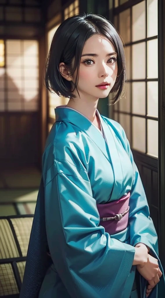 (Realistic)、(Realistic:1.2)、(High resolution)、Very detailed、Very beautiful face and eyes、1 girl、Delicate body、(highest quality、Attention to detail、Rich skin detail)、(highest quality、8k、Oil paint:1.2)、Very detailed、(Realistic、Realistic:1.37)、Bright colors、Full Body Shot,black_hair, Beautiful 8k eyes,Looking_in_Audience,One person in,Are standing,((Very beautiful woman, Fuller lips, Japanese pintern kimono))、((Colorful Japanese kimono)))、(((blackhair)))、(((Blunt bung,short hair)))、((( Inside an old Japanese house with a (short focus :1.4),)))、(masterpiece, highest quality, highest quality, Official Art, beautifully、aesthetic:1.2),(Fractal Art:1.3),Sengoku period、Greg Rutkowski Written by Alphonse Mucha Ropp,short ,uchikake,nishijin ori,(realistic light and shadow), (real and delicate background),(muted colors, dim colors, soothing tones:1.3), low saturation, (hyperdetailed:1.2), (noir:0.4),drow,blurry_light_background, (vibrant color:1.2), cinematic lighting, ambient lighting,Single Shot,Shallow Focus,pink lip,blurry light background,