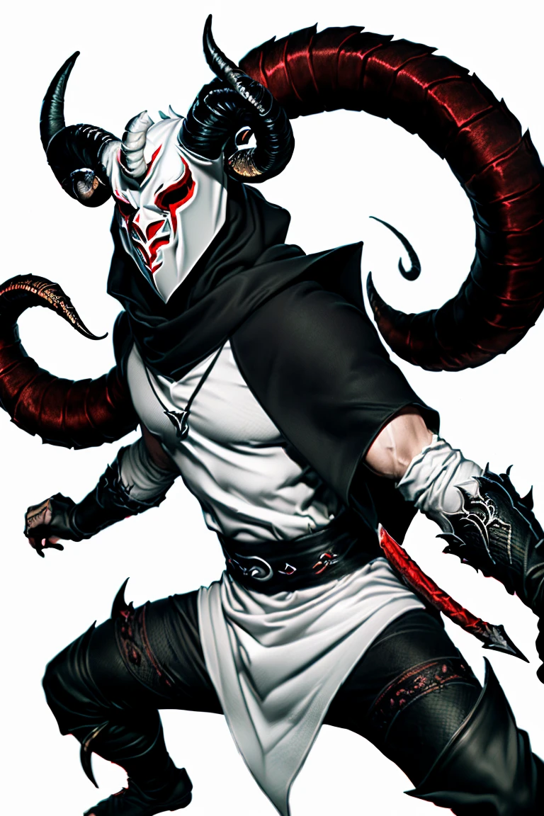 pencil drawing、Dramatic style、cartoon、Masterpiece、top-quality、best composition、ultra-detailliert, ((demon)), (((male))), male demon, ((scary demon), (((wearing a scary white mask))), blood, (((ram curved horns))), long wavy red hair, (((slavic black full clothes))), medieval scarf, monster claws, animal legs, snake tail