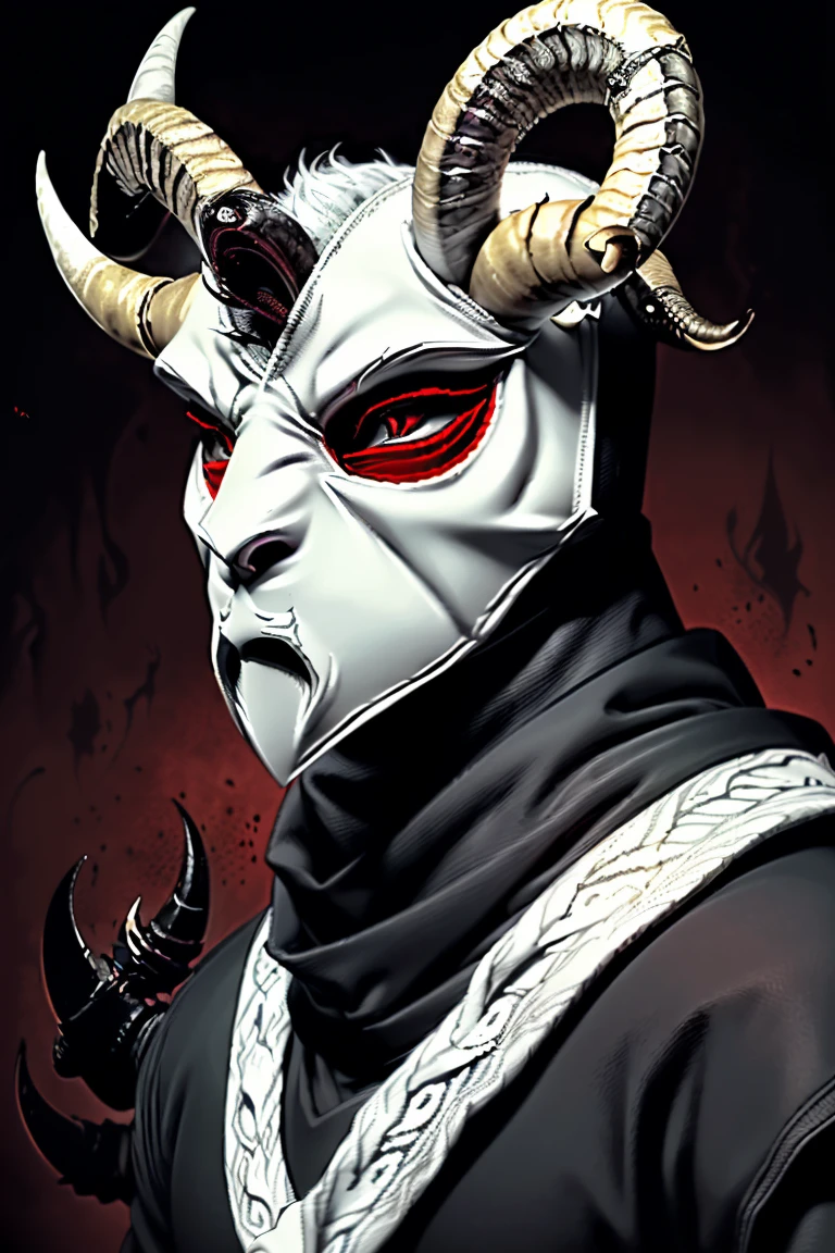 pencil drawing、Dramatic style、cartoon、Masterpiece、top-quality、best composition、ultra-detailliert, ((demon)), (((male))), male demon, ((scary demon), (((wearing a scary white mask))), blood, (((ram curved horns))), long wavy red hair, (((slavic black full clothes))), medieval scarf, monster claws, animal legs, snake tail