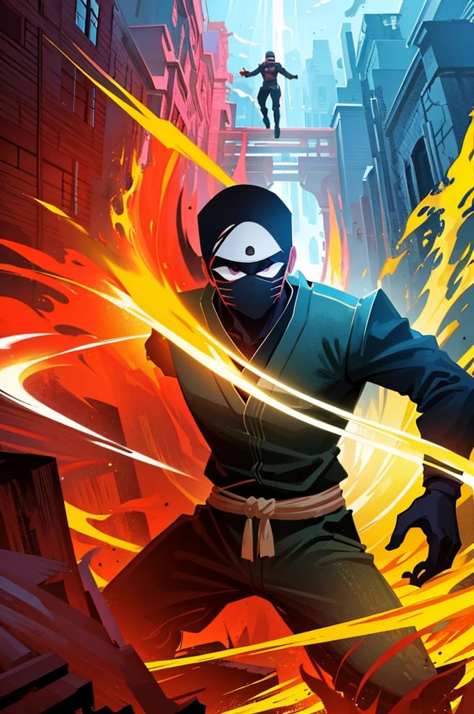 Create an epic and vibrant image of a Konoha ninja standing in front of the village of Konoha, with an intense war happening below. The composition should feature dynamic poses, dramatic lighting, and action-packed scenes typical of Roblox game covers. Highlight the ninja in the center with intricate details and vivid colors, making him the main focus. Ensure the scene is rich in detail, visually stunning, and captures the excitement and energy of a Roblox game cover for a Naruto-themed game.