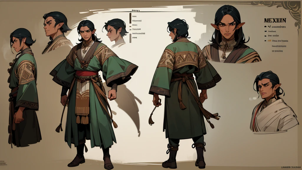 He is an adult indigenous man with Mexican features, and sun-kissed brown skin. His short black hair contrasts with his intense, expressive dark eyes. High, well-defined cheekbones complement his sharply contoured face. His pointed ears add a unique and distinctive detail to his appearance. He exudes a strong, serene presence, deeply connected to his cultural roots, Full body, master piece, character sheet, character sheet, character sheet.