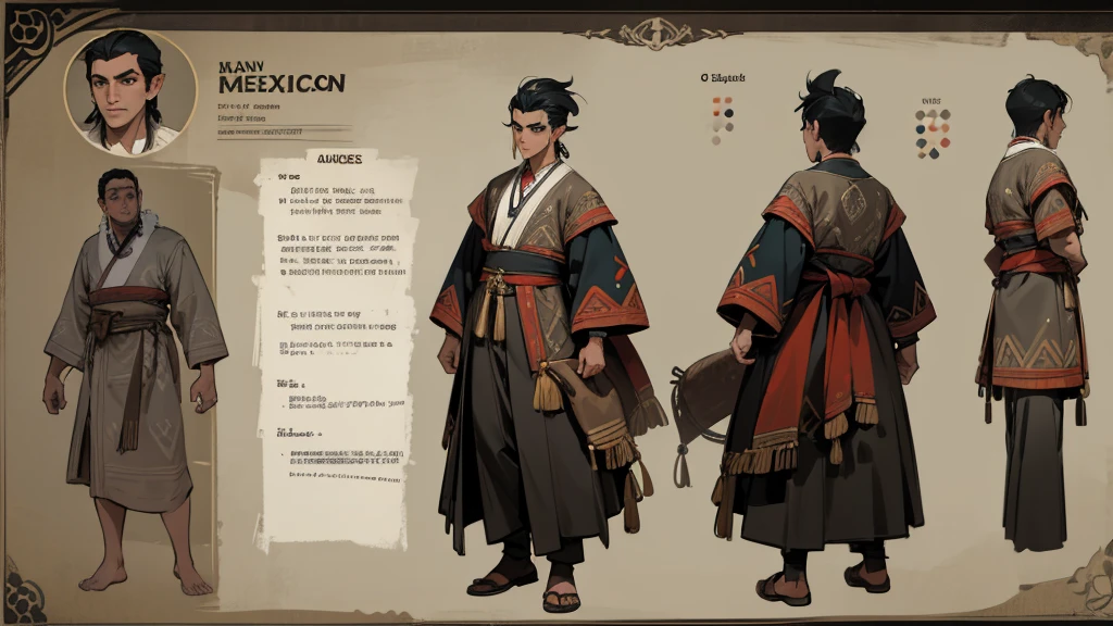 He is an adult indigenous man with Mexican features, and sun-kissed brown skin. His short black hair contrasts with his intense, expressive dark eyes. High, well-defined cheekbones complement his sharply contoured face. His pointed ears add a unique and distinctive detail to his appearance. He exudes a strong, serene presence, deeply connected to his cultural roots, Full body, master piece, character sheet, character sheet, character sheet.