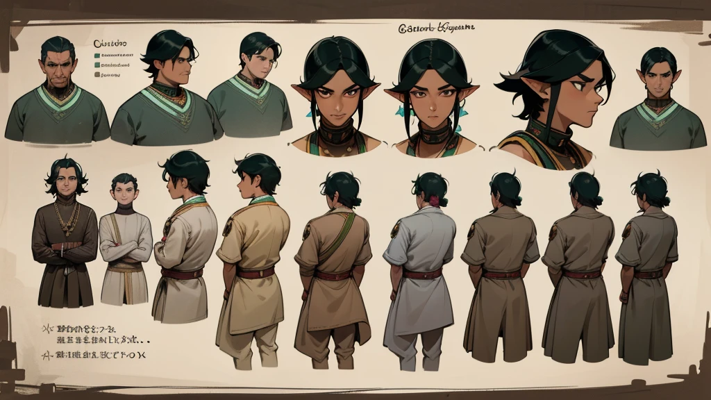 He is an adult indigenous man with Mexican features, and sun-kissed brown skin. His short black hair contrasts with his intense, expressive dark eyes. High, well-defined cheekbones complement his sharply contoured face. His pointed ears add a unique and distinctive detail to his appearance. He exudes a strong, serene presence, deeply connected to his cultural roots, Full body, master piece, character sheet, character sheet, character sheet.