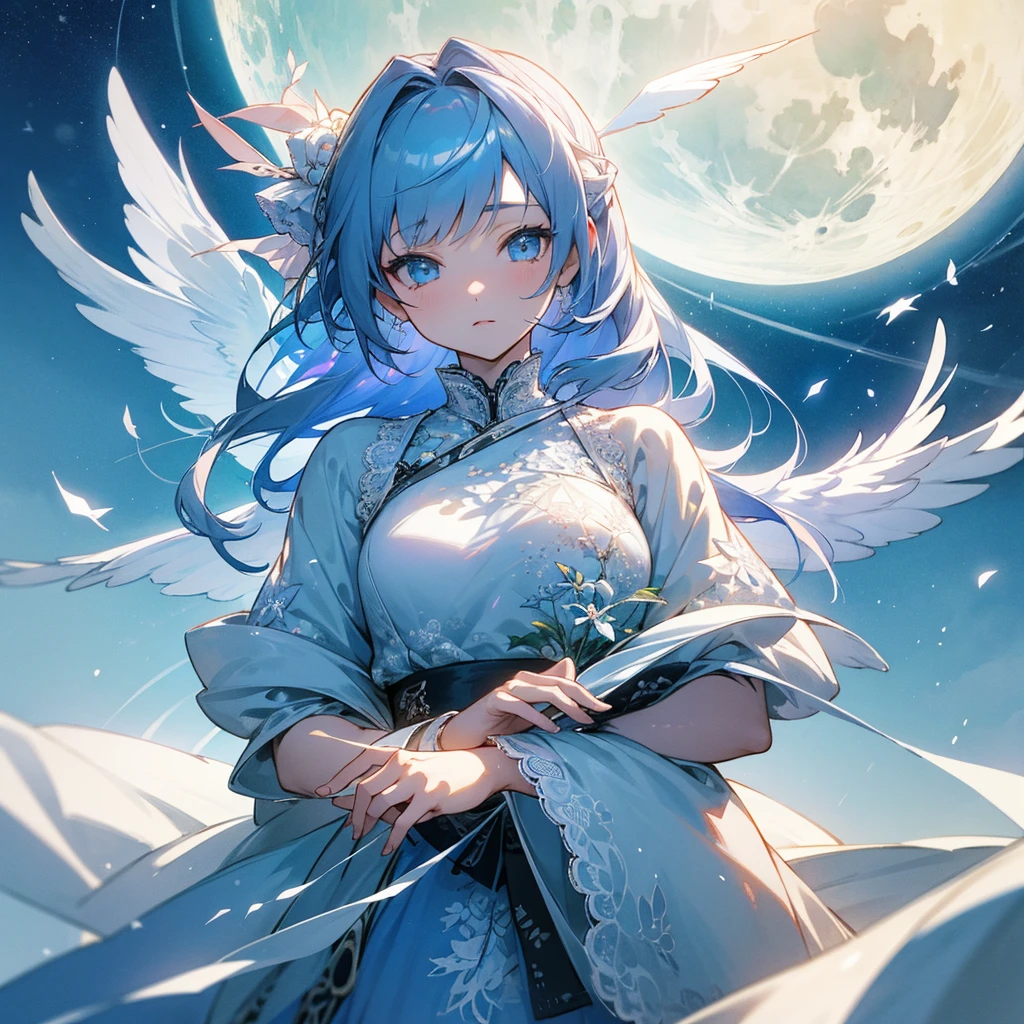 Origami art、Extremely detailed、Anime Style、A beautifully detailed lace dress、CG、HDR+、4K Rendering、moon、Sparkling Eyes、A beautiful, fragile and fascinating girl、Angel、White world、Watercolor、Angelの羽