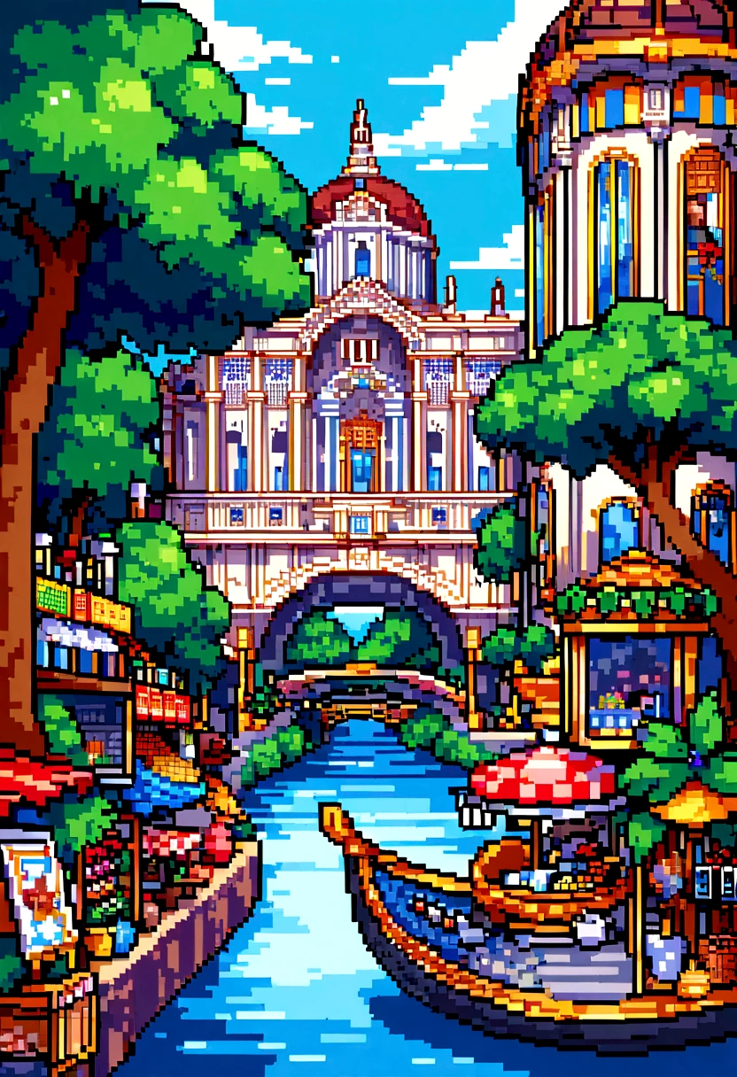 Please create a pixel art of Belém do Pará, Brazil. The artwork should include iconic elements of the city, such as the Ver-o-Peso Market, the Basilica of Our Lady of Nazareth, the Teatro da Paz, and the traditional açaí palm trees. Capture the vibrant Amazonian spirit of the city by incorporating the Guamá River and the rich local flora. Use a color palette that reflects the diversity and unique culture of Bel