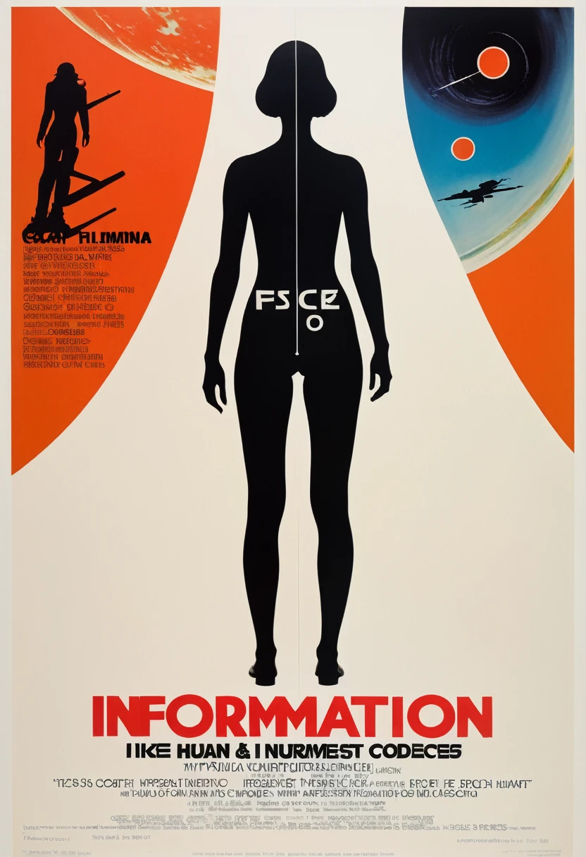 vintage retro futuristic style movie poster of 1970s sci-fi movie, “information”, text is in sci fi fonts, human body silhouette, against floating codes, numbers and symbols, GLITCH. Hyperreal. Art by Frankenthaler, Cassatt, O'Keeffe Art by Vigée Le Brun, Alma Thomas, Gentileschi, Barbara Kruger, Lavinia Fontana, Dutch view, full body shot with Cannon EF 35mm f/1.4L II USM Lens.