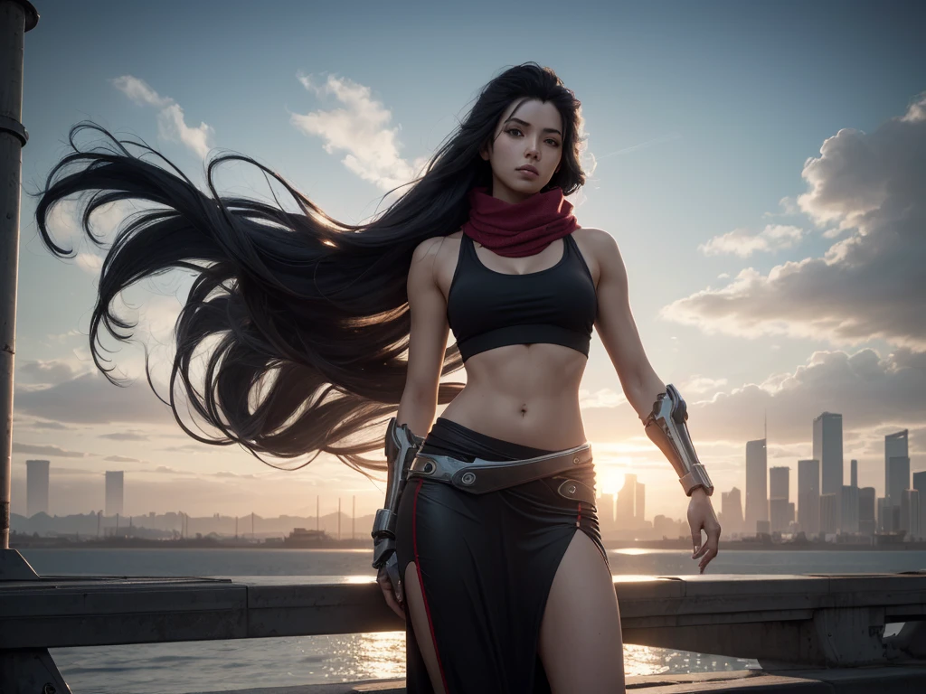 rule-of-thirds shot, skinny female cyborg, confidence, futuristic aerodynamic heavy mechanical arm, unreal engine, (extremely long voluminous hair :1.7), ((long scarf), crop tank, low-rise maxi skirts, confident pose, (strong wind), post-apocaliptic city on the horizon, late afternoon