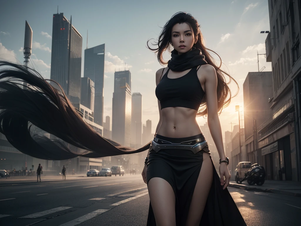 rule-of-thirds shot, skinny female cyborg, confidence, futuristic aerodynamic heavy mechanical arm, unreal engine, (extremely long voluminous hair :1.7), ((long scarf), crop tank, low-rise maxi skirts, confident pose, (strong wind), post-apocaliptic city on the horizon, late afternoon
