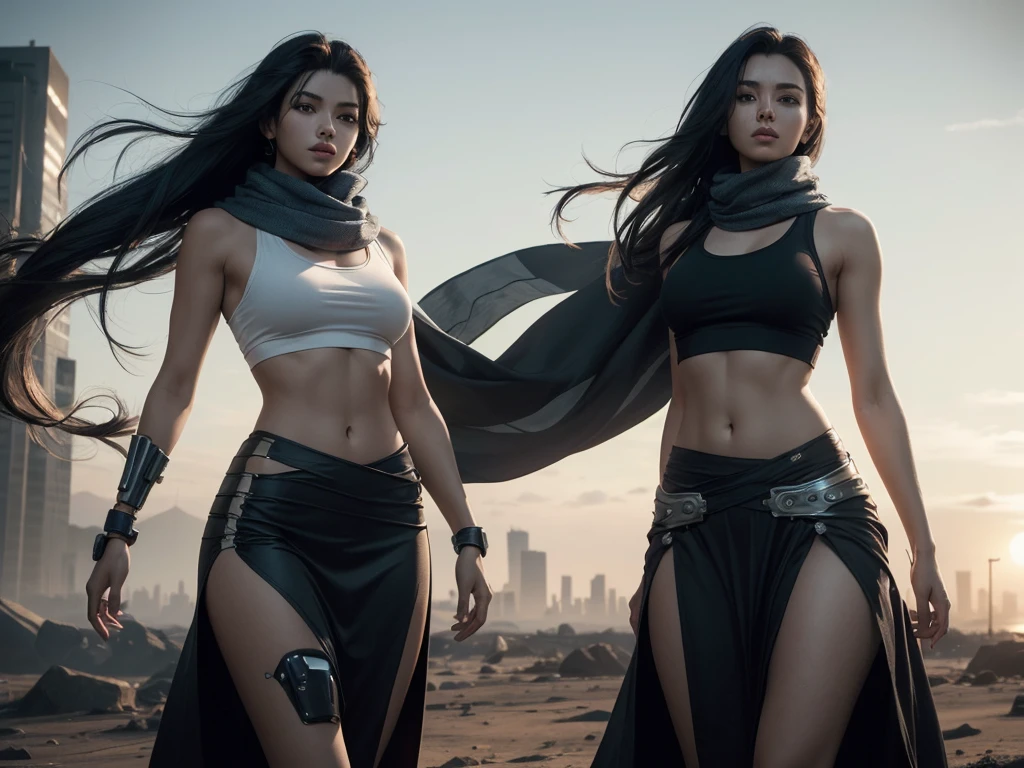 rule-of-thirds shot, skinny female cyborg, confidence, futuristic aerodynamic heavy mechanical arm, unreal engine, (extremely long voluminous hair :1.7), ((long scarf), crop tank, low-rise maxi skirts, confident pose, (strong wind), post-apocaliptic city on the horizon, late afternoon