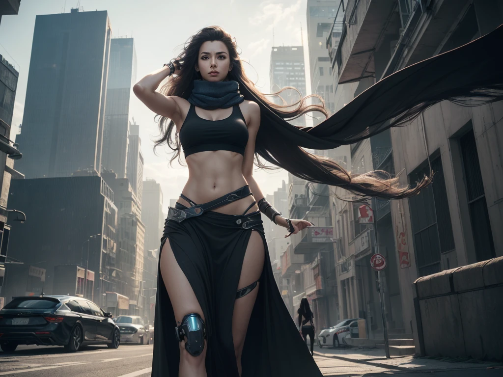 rule-of-thirds shot, skinny female cyborg, confidence, futuristic aerodynamic heavy mechanical arm, unreal engine, (extremely long voluminous hair :1.7), ((long scarf), crop tank, low-rise maxi skirts, confident pose, (strong wind), post-apocaliptic city on the horizon, late afternoon