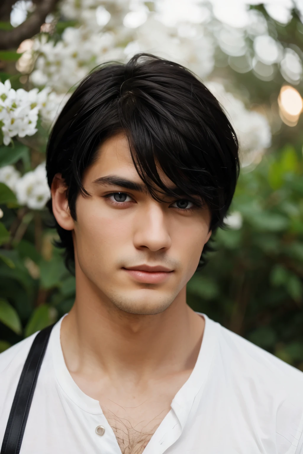 A beautiful man with black hair, red eyes, and beautiful white skin 