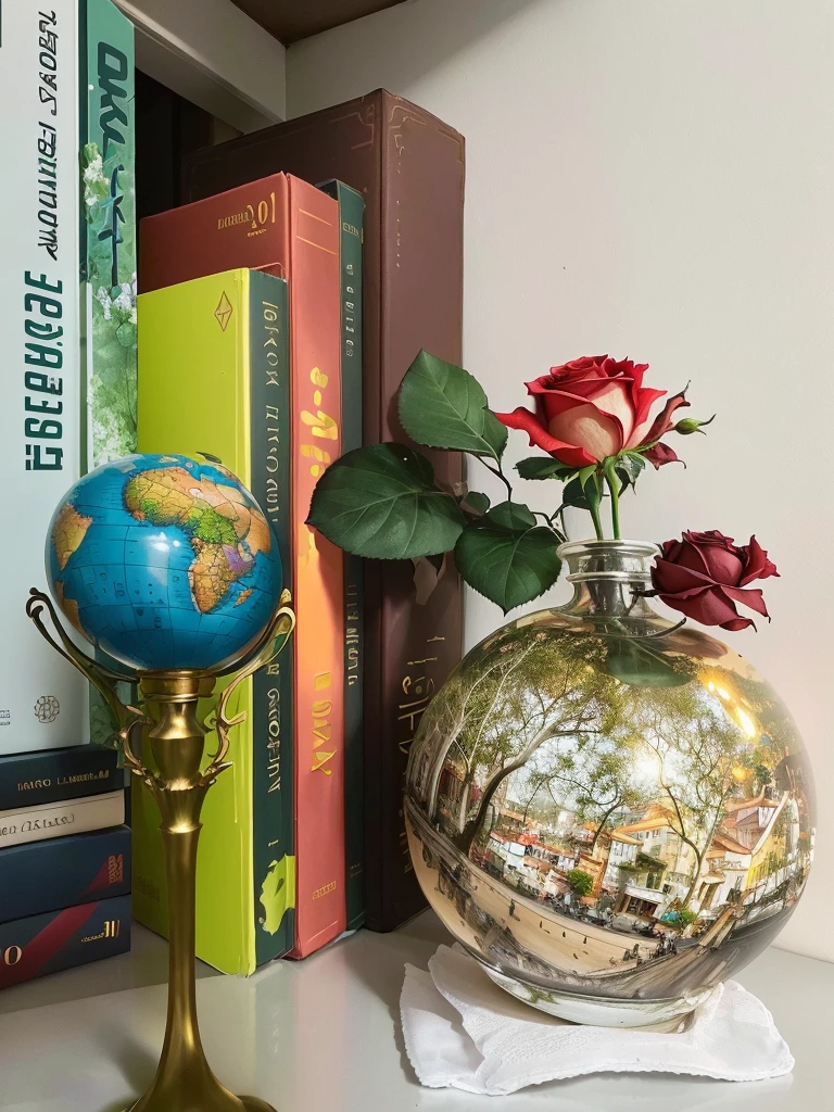 there is a small vase with a rose on a shelf, globos, livros e flores, unto completo mostrado na foto, com terra, globo terrestre no topo, com terra in the background, unusual composition, globo grande, crescendo de uma rosa gigante, por Romain Brook, Nosso planeta, loiras, fotografia tirada em 2 0 2 0
