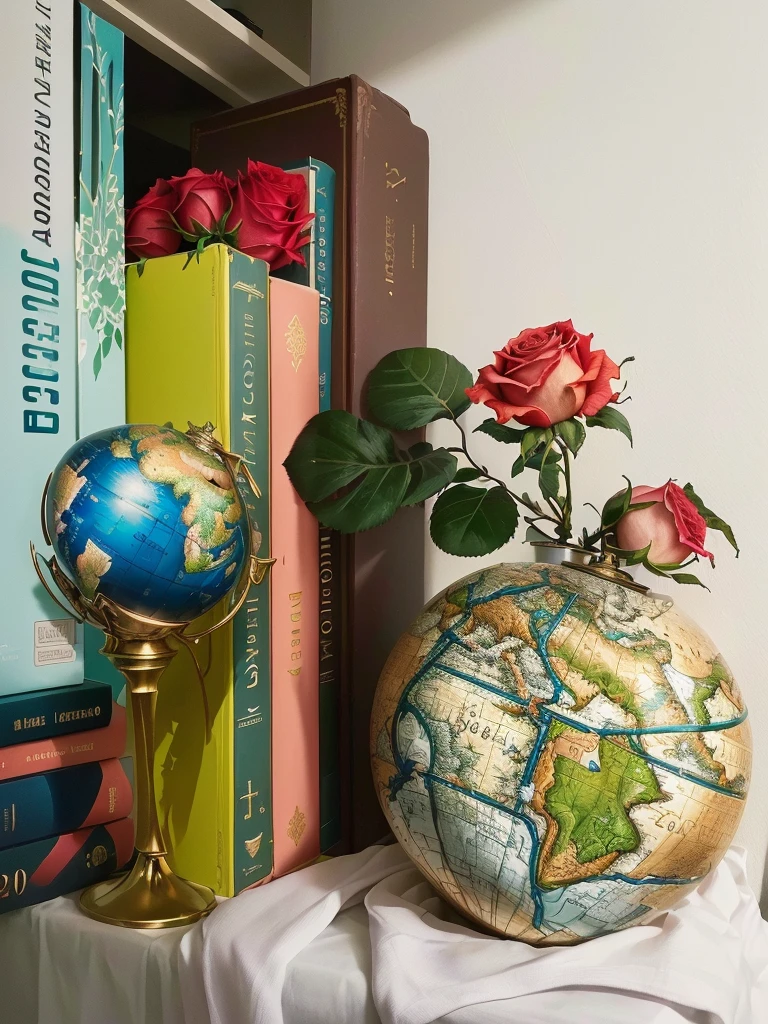 there is a small vase with a rose on a shelf, globos, livros e flores, assunto completo mostrado na foto, com terra, globo terrestre no topo, com terra in the background, unusual composition, globo grande, crescendo de uma rosa gigante, por Romain Brook, Nosso planeta, loiras, fotografia tirada em 2 0 2 0