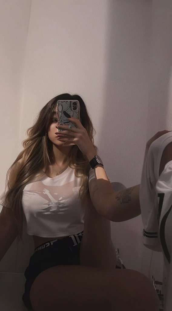 a woman taking a selfie in the mirror, high quality photo, sneakers photo, outfit photo, suitable photo, dressed in a white danike t-shirt, aesthetic!!, aesthetic!!!!, 2k aesthetic, black and blonde hair on the ends, 😭 🤮 💕 🎀, selfie of a young woman