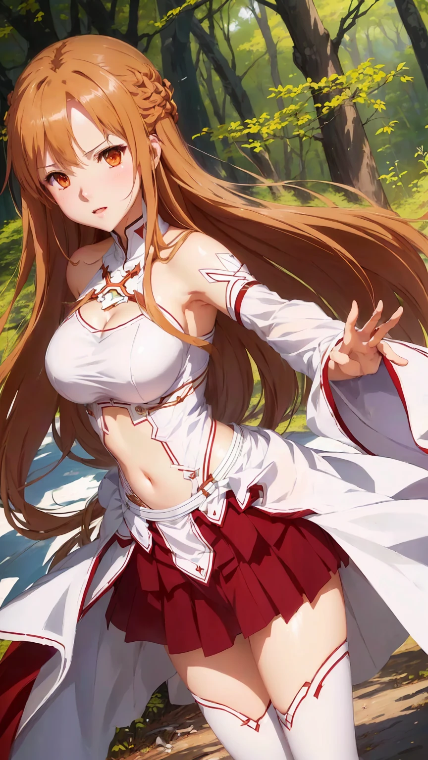 anime girl in a short skirt and white shirt posing in the woods, asuna yuuki, asuna from sao, anime goddess, photo of asuna from sao, cushart krenz key art feminine, zerochan art, detailed key anime art, marin kitagawa fanart, high detailed official artwork, official art, rias gremory, ayaka genshin impact