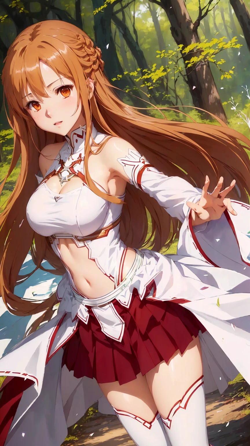 anime girl in a short skirt and white shirt posing in the woods, asuna yuuki, asuna from sao, anime goddess, photo of asuna from sao, cushart krenz key art feminine, zerochan art, detailed key anime art, marin kitagawa fanart, high detailed official artwork, official art, rias gremory, ayaka genshin impact