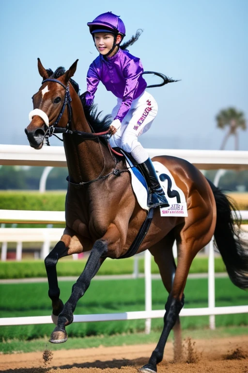 Highest quality、masterpiece、High sensitivity、High resolution、detailed、One Woman、Slim Body、Horse racing jockey、ride a horse、race