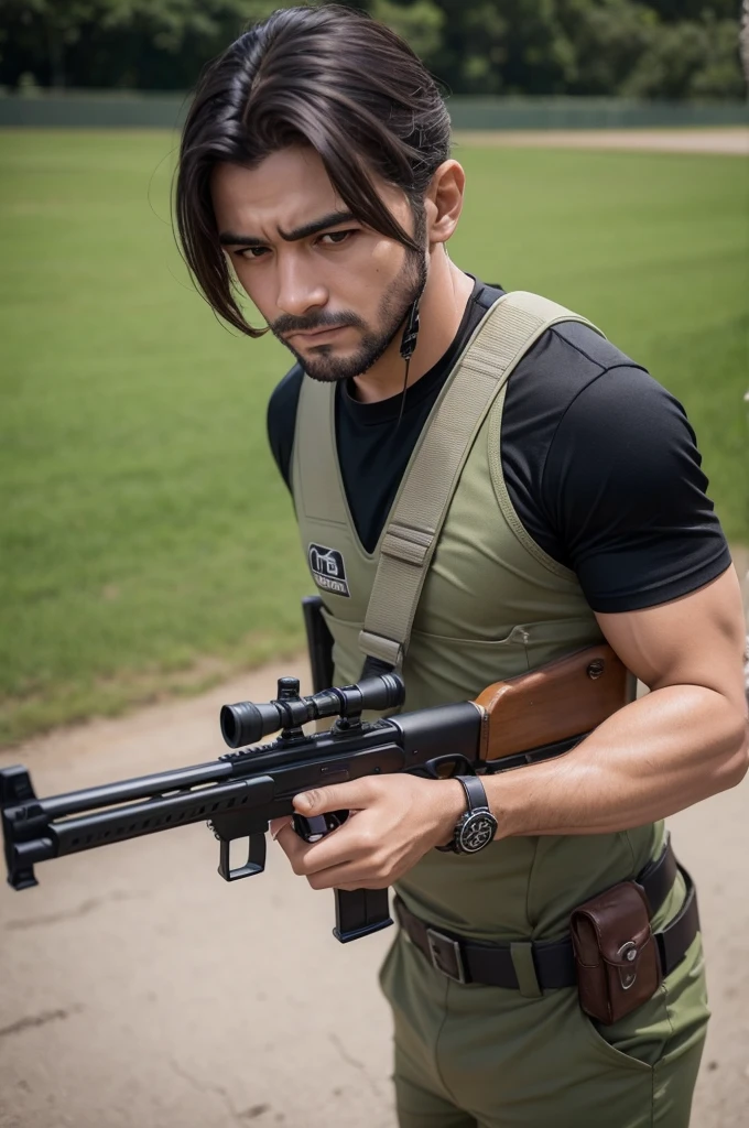 Um homem para um jogo de tiro. Com uma mini-14 na mao