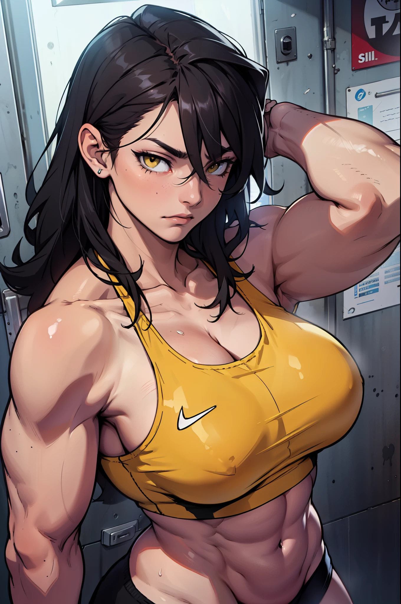 muscular girl perky breasts thick thick thick thick thick black hair yellow eyes pale skin expressionless sad