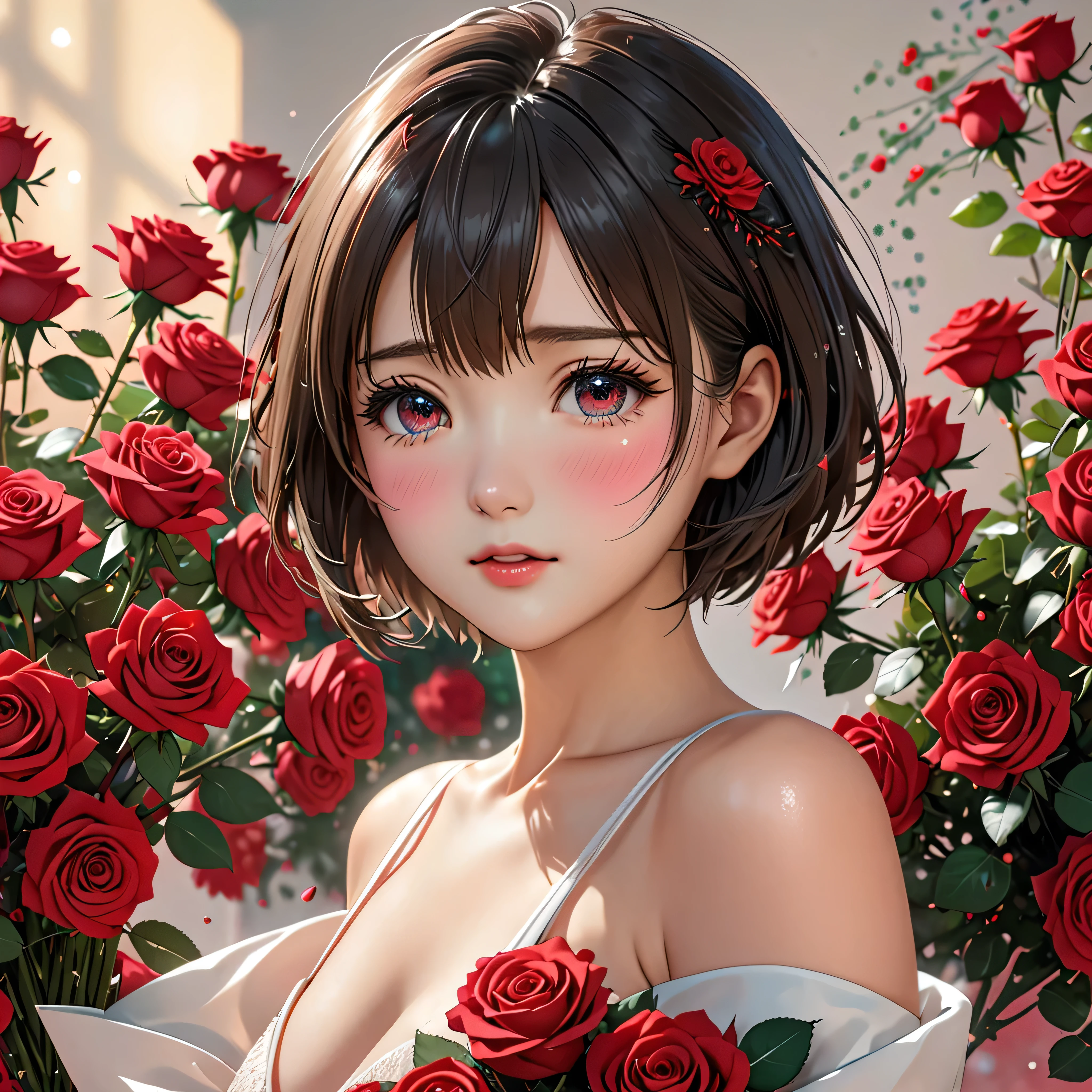 National Science Foundation,masterpiece,High resolution,8K,Art,digit,Three-dimensional,Realism,Kyoto Animation Style,your name movie style,cute,baby face,look into camera,Complex red rose flower background,(1 female: 1.3),(alone: 1.4),(Upper body nudity),Hand holding bouquet of red roses,Long eyelashes,Long thin legs,Short Bob,Close-up of upper body,Close-up,Close up,Eyes as deep as the starry sky,blush,shy,cry,(Tears)