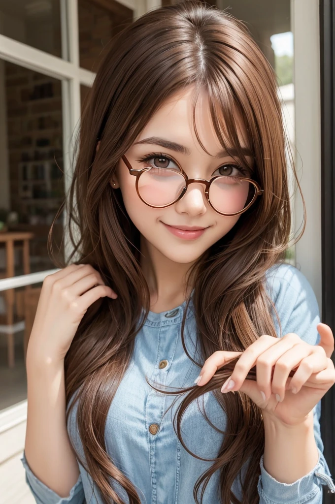 girl brown hair round glasses very happy