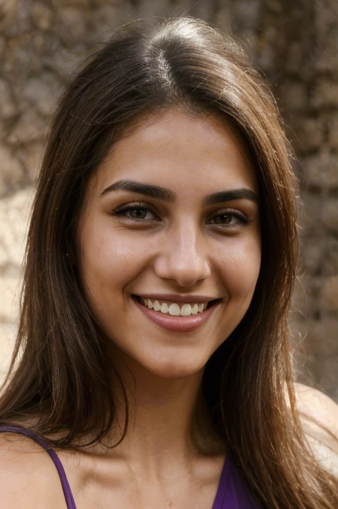 24YO,one attractive Jordanian women, purple shirt, cute smile, cute face, white teethes, skinny face, light brown eyes, small nose, black/blonde long hair