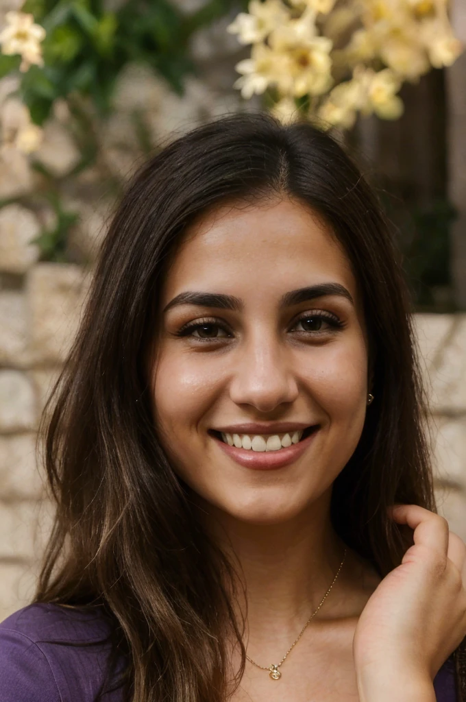 24YO,one attractive Jordanian women, purple shirt, cute smile, cute face, white teethes, skinny face, light brown eyes, small nose, black/blonde long hair