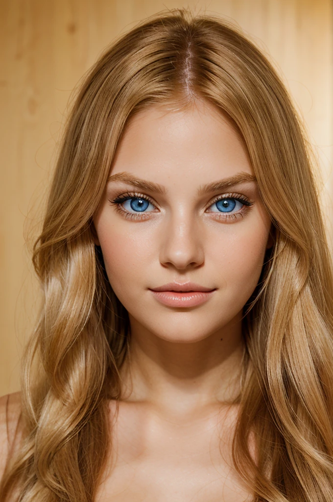 a beautiful young woman with long, straight golden blonde hair, fair skin with a warm undertone, bright pink lips, and bright blue eyes with long, thick lashes