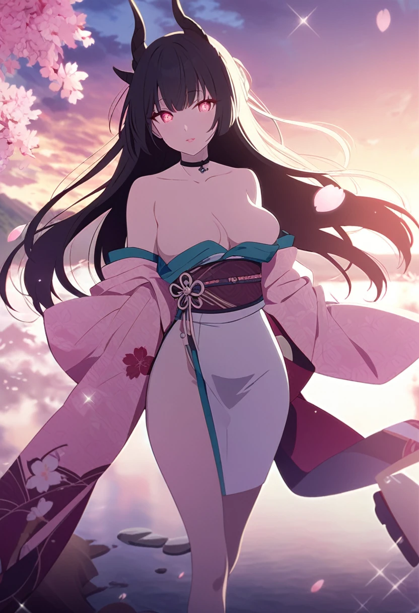 A breathtakingly beautiful anime girl with long, flowing raven-black hair that cascades down past her waist. Her almond-shaped eyes, a vivid shade of turquoise, sparkle with an ethereal glow, capturing the viewer's attention instantly. Her delicate, porcelain skin is flawless and glistening, contrasting beautifully against the deep red of her full, luscious lips. She has an hourglass figure, accentuated by a modest bust line and curvy hips. She is dressed in a traditional Japanese kimono, its intricate design of cherry blossoms and dragons expertly woven into the silk fabric. The kimono is left open at the neck, revealing a pale pink obi sash tied around her waist, and a black choker adorning her neck. Around her slender wrists are delicate, pale pink arm warmers. Her attire is completed by traditional white socks and black sandals. Against a backdrop of a serene, cloud-filled sky and a stunning sunset, the anime girl stands with her head held high, exuding confidence and grace. The image is a testament to the impeccable beauty and timeless allure of traditional Japanese art and fashion.
