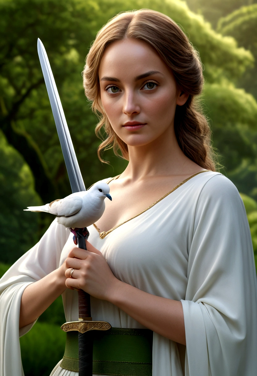 a woman holding a sword in her hand, a dove sitting on her hand, lush green landscape, highly symmetrical, (best quality,4k,8k,highres,masterpiece:1.2),ultra-detailed,(realistic,photorealistic,photo-realistic:1.37),detailed face and eyes, elegant pose, peaceful expression, dramatic lighting, serene atmosphere, natural setting, cinematic composition