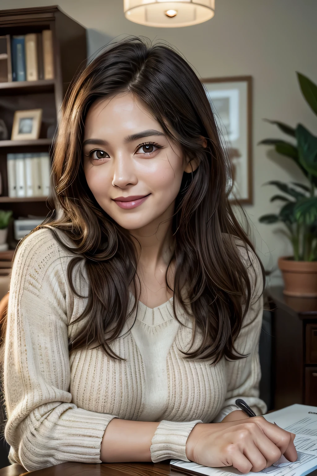 a 41 year old woman with medium brown long hair, fair skin, in a home office, smiling, photorealistic, detailed face, detailed eyes, detailed lips, extremely detailed, cinematic lighting, intricate details, warm color tones, natural lighting, office interior, desk, books, computer, potted plant
