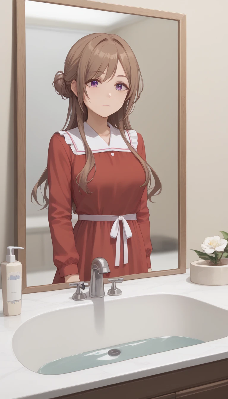 score_9, score_8_up, score_7_up, score_6_up, source_anime,masterpiece, best quality, 8k, 8k UHD, ultra-high resolution, ultra-high definition, highres, shading, good_hands, himesaki rinami, purple eyes, brown hair, hair bun, long hair, (red) long dress, (red) dress, indoors, mirror, sink, solo, 1girl, cowboy shot,