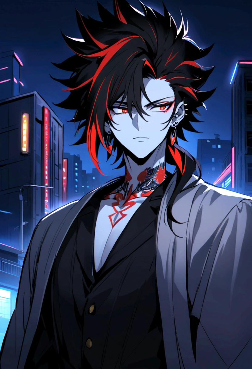 an anime-style male character with a muscular and defined torso. The character has a distinctive hairstyle with spiky black hair with red highlights, white skin tone, and light red eyes that give off an intense and focused expression. You can see them on her face and shoulders. She wears small black earrings and tattoos on her neck. The background features a nighttime urban environment with out-of-focus lights, suggesting a city atmosphere. The overall mood of the image is dark and dramatic. 