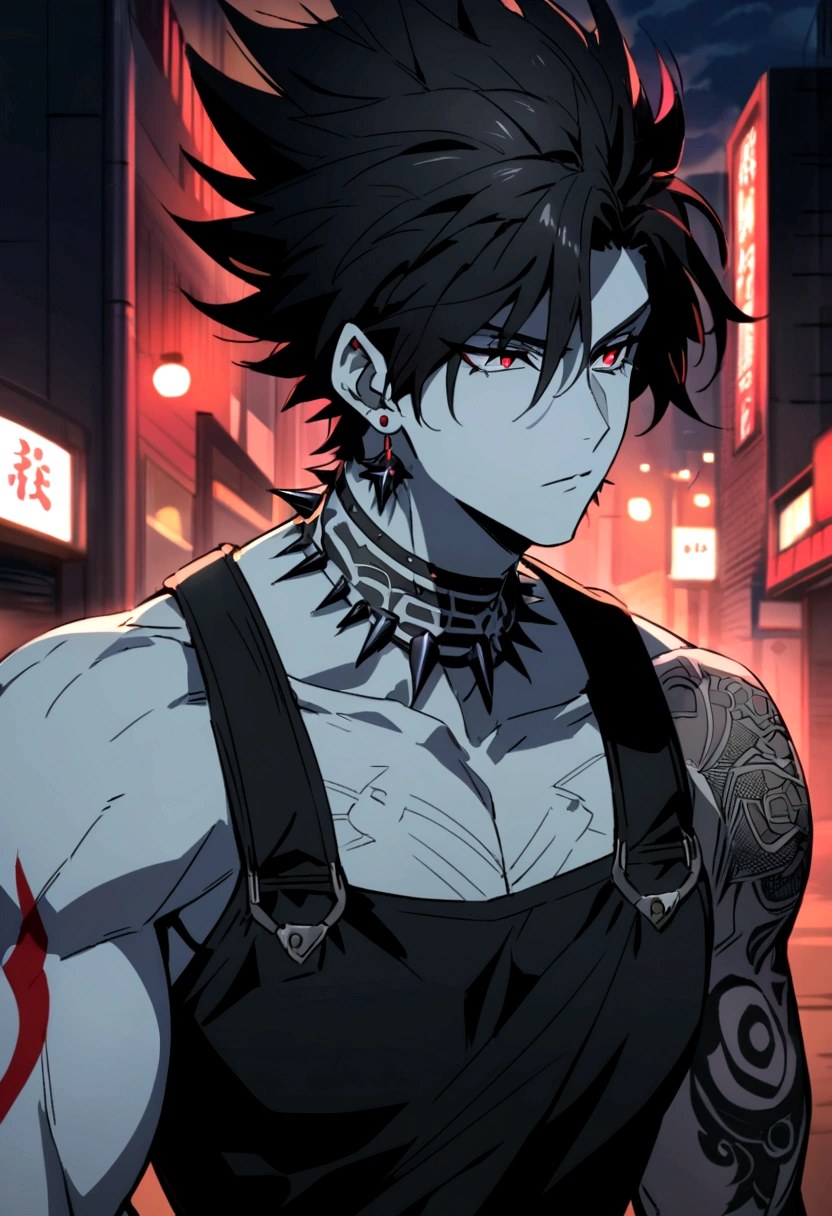 an anime-style male character with a muscular and defined torso. The character has a distinctive hairstyle with spiky black hair with red highlights, white skin tone, and light red eyes that give off an intense and focused expression. You can see them on her face and shoulders. She wears small black earrings and tattoos on her neck. The background features a nighttime urban environment with out-of-focus lights, suggesting a city atmosphere. The overall mood of the image is dark and dramatic. 