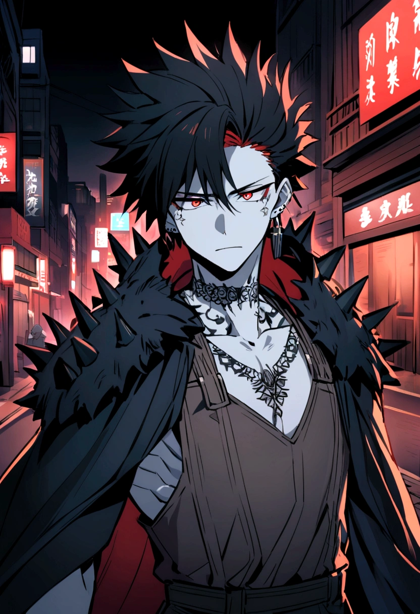 an anime-style male character with a muscular and defined torso. The character has a distinctive hairstyle with spiky black hair with red highlights, white skin tone, and light red eyes that give off an intense and focused expression. You can see them on her face and shoulders. She wears small black earrings and tattoos on her neck. The background features a nighttime urban environment with out-of-focus lights, suggesting a city atmosphere. The overall mood of the image is dark and dramatic.