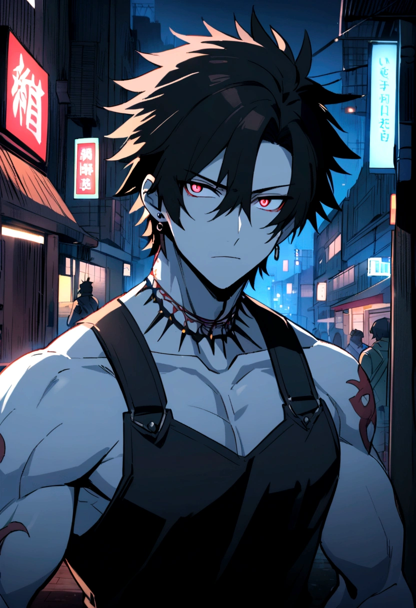 an anime-style male character with a muscular and defined torso. The character has a distinctive hairstyle with spiky black hair with red highlights, white skin tone, and light red eyes that give off an intense and focused expression. You can see them on her face and shoulders. She wears small black earrings and tattoos on her neck. The background features a nighttime urban environment with out-of-focus lights, suggesting a city atmosphere. The overall mood of the image is dark and dramatic. 