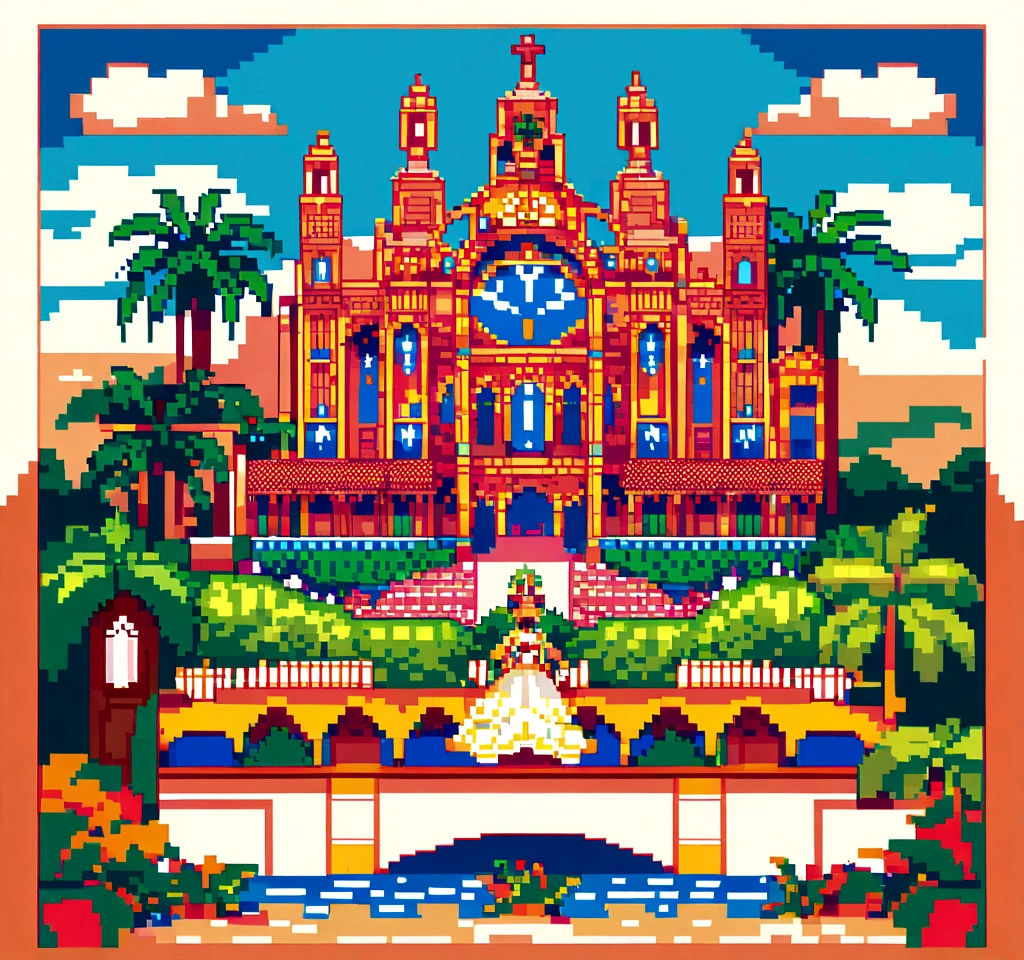 Please create a pixel art of Belém do Pará, Brazil. The artwork should include iconic elements of the city, such as the Ver-o-Peso Market, the Basilica of Our Lady of Nazareth, the Teatro da Paz, and the traditional açaí palm trees. Capture the vibrant Amazonian spirit of the city by incorporating the Guamá River and the rich local flora. Use a color palette that reflects the diversity and unique culture of Bel
