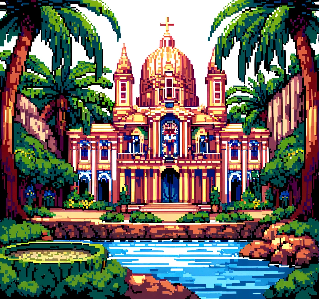 Please create a pixel art of Belém do Pará, Brazil. The artwork should include iconic elements of the city, such as the Ver-o-Peso Market, the Basilica of Our Lady of Nazareth, the Teatro da Paz, and the traditional açaí palm trees. Capture the vibrant Amazonian spirit of the city by incorporating the Guamá River and the rich local flora. Use a color palette that reflects the diversity and unique culture of Bel