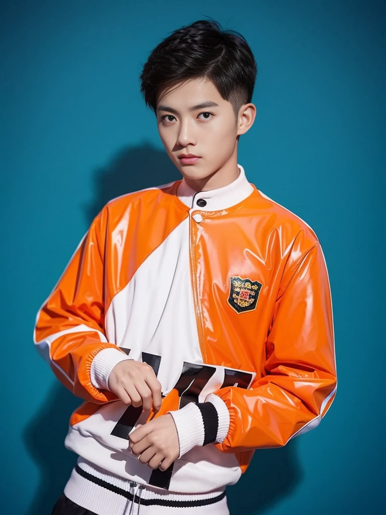 Chinese male high school student,Wear an orange PVC sweater,solid color backdrop