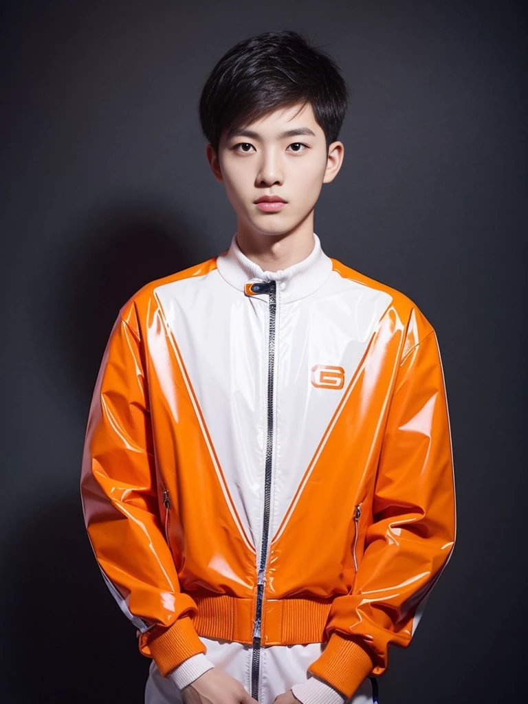 A Chinese male high school student,Wear PVC fashion leather jacket,There are zippers