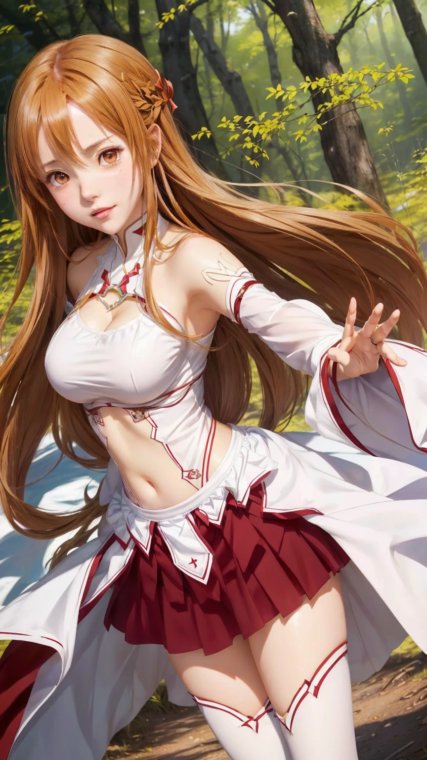 anime girl in a short skirt and white shirt posing in the woods, asuna yuuki, asuna from sao, anime goddess, photo of asuna from sao, cushart krenz key art feminine, zerochan art, detailed key anime art, marin kitagawa fanart, high detailed official artwork, official art, rias gremory, ayaka genshin impact