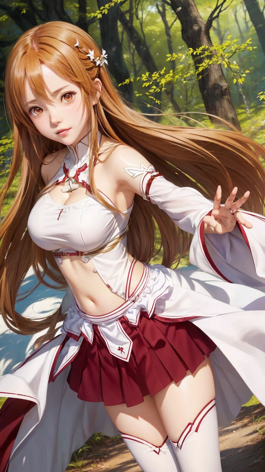 anime girl in a short skirt and white shirt posing in the woods, asuna yuuki, asuna from sao, anime goddess, photo of asuna from sao, cushart krenz key art feminine, zerochan art, detailed key anime art, marin kitagawa fanart, high detailed official artwork, official art, rias gremory, ayaka genshin impact