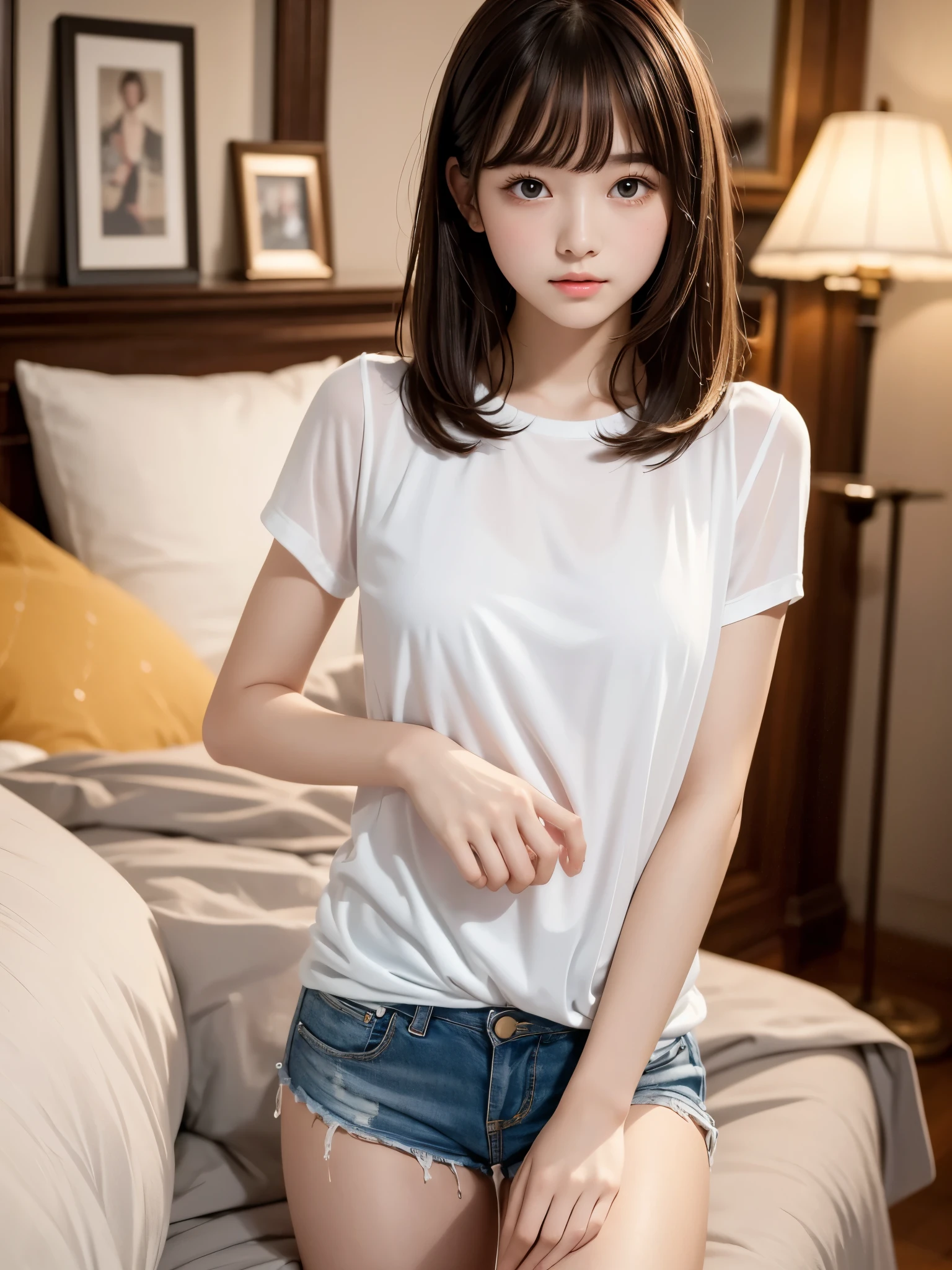 White tight shirt、White tight mini skirt、a bed、a smile、shortsleeves、high-level image quality、Hallyu Idol Face #asian babe