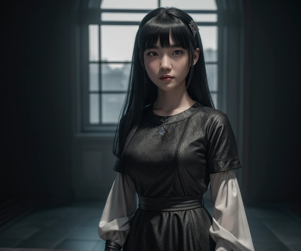 a mongolian princess girl,bangs black hair,standing,looking at to the viewer,(Very Detailed: 1.3),ultra realistic,HDR,(High Dynamic Range),ray tracing,nvidia RTX,super resolution,unreal 5,subsurface scattering,PBR texture,post-processing,anisotropic filtering,depth of field,maximum sharpness and sharpness,multi-layer texture,specular and albedo mapping,surface shading,perfect proportions,octane rendering,duotone lighting,low ISO,white balance,8K RAW,(((1GIRL))),(((wearing black dress))),sad face,(((rendering in gray background))),masterpiece,best quality