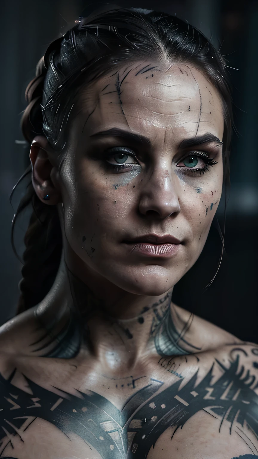 (best quality, hyperdetailed photography:1.2), beautiful lady, scar's face, tattoos breast,(muscular body:1.1),,dark makeup, viking 516 AD warrior,,,, ponytail,badass woman,,,,(massive perfect breast:1.0), (upper body portrait), (cinematic shot:1.5), (movie photography:1.2), cinematic lights,, (naked breast),(ultra detailed skin texture:1.3)