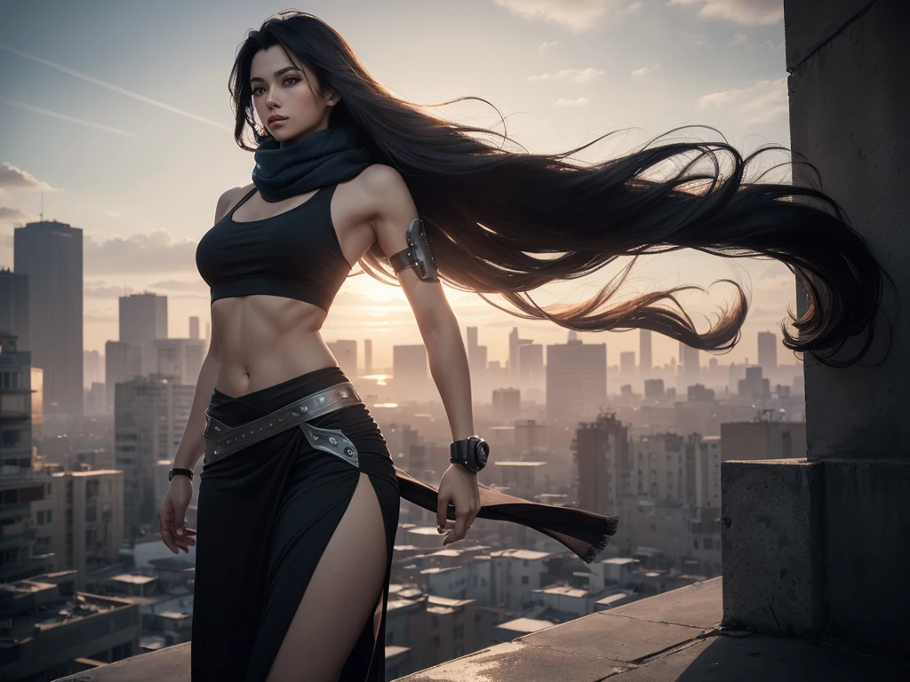 ((rule-of-thirds shot, 45 degree view)), skinny female cyborg, confidence, futuristic aerodynamic heavy mechanical arm, unreal engine, (extremely long voluminous hair :1.7), ((long scarf), crop tank, low-rise maxi skirts, confident pose, (strong wind), post-apocaliptic city on the horizon, late afternoon